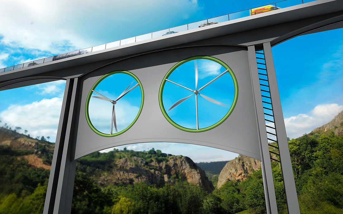 Wind turbines installed under a viaduct, illustration