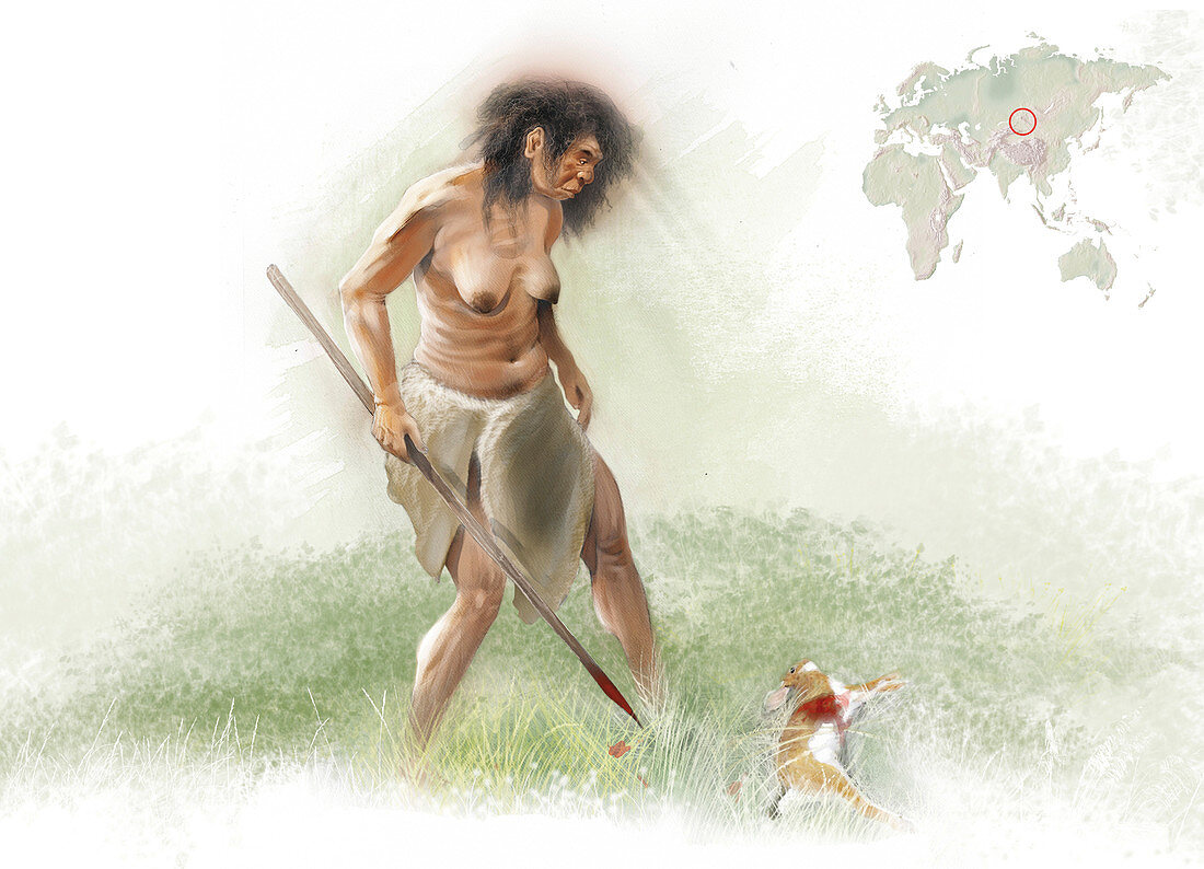Denisovan woman hunting, illustration