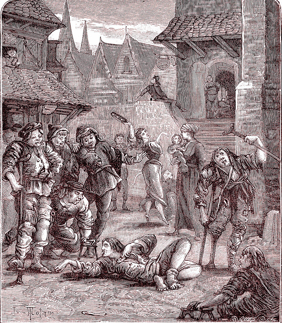 Beggars faking illnesses in a Paris slum, 19th century