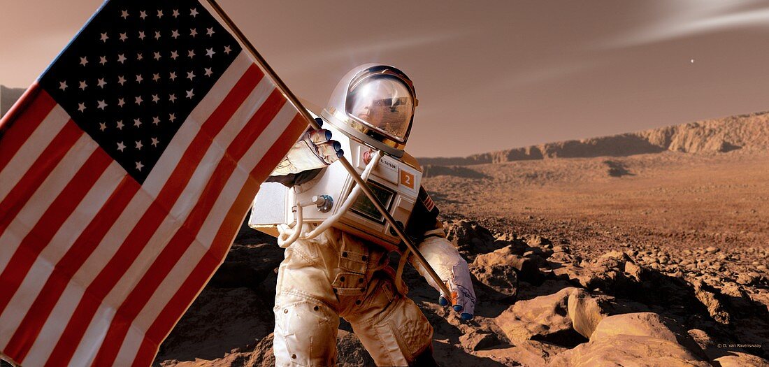 Astronaut planting US flag on Mars, illustration