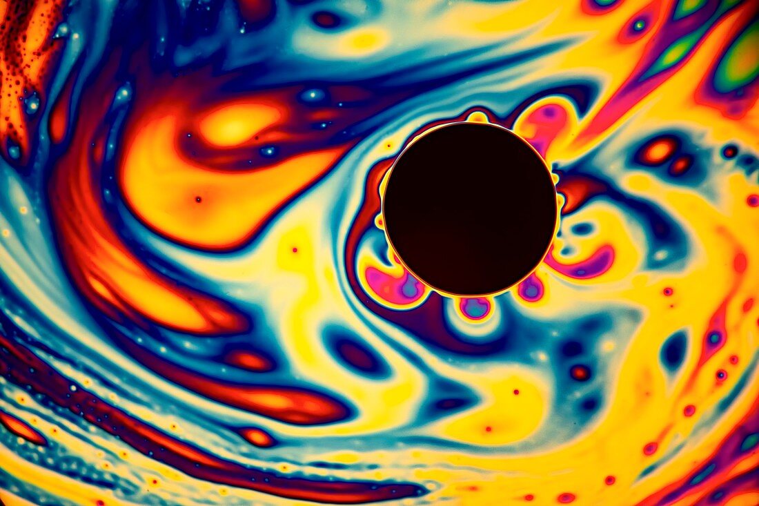 Soap bubble film iridescence, light micrograph