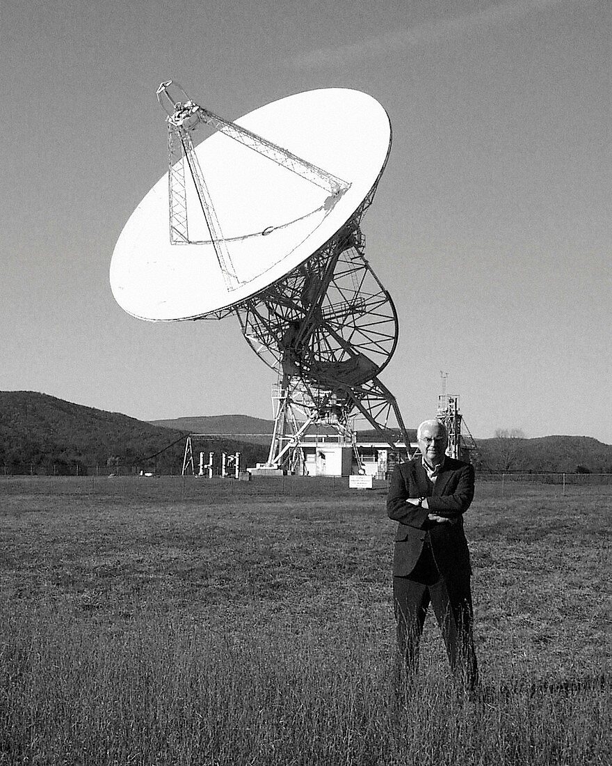 Tatel radio telescope and US astrophysicist Frank Drake