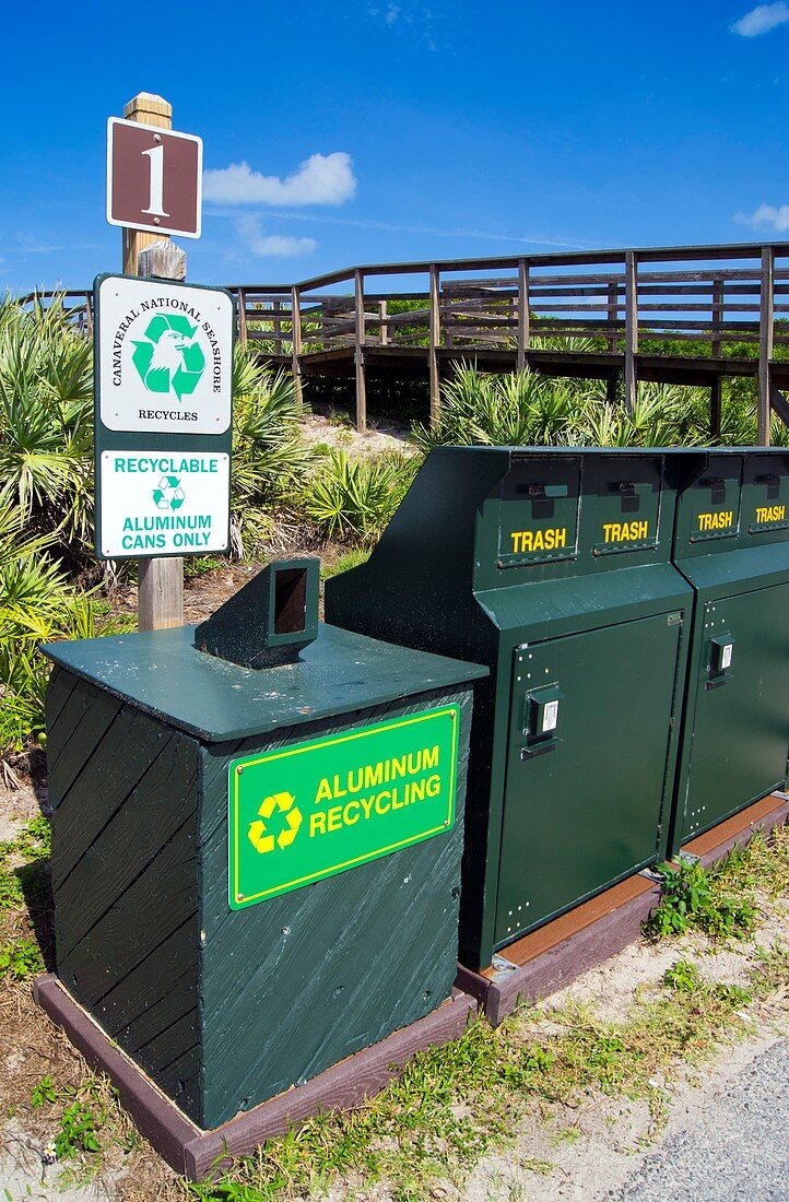 Recycling bins on Canaveral Seashore