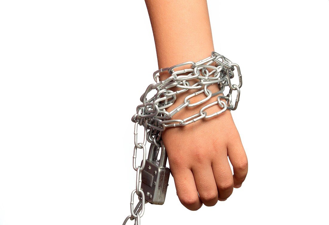Hand with metal chains