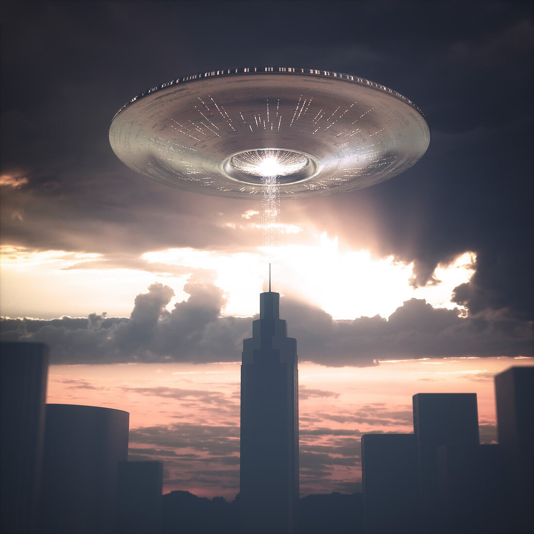 UFO above skyscraper, illustration