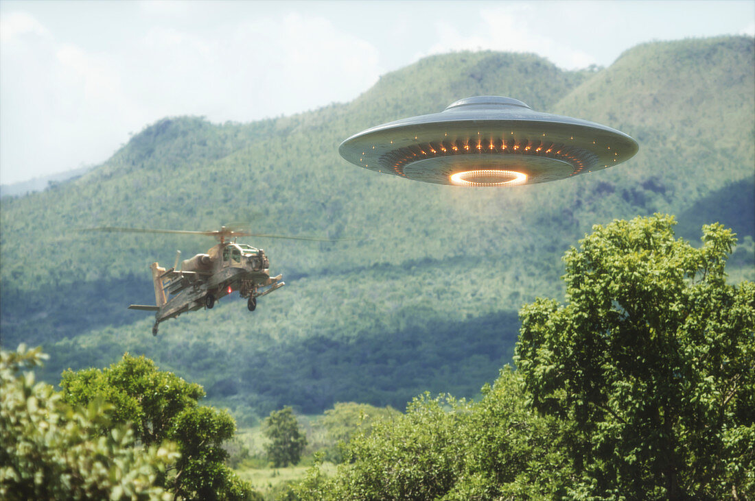 UFO and helicopter, illustration