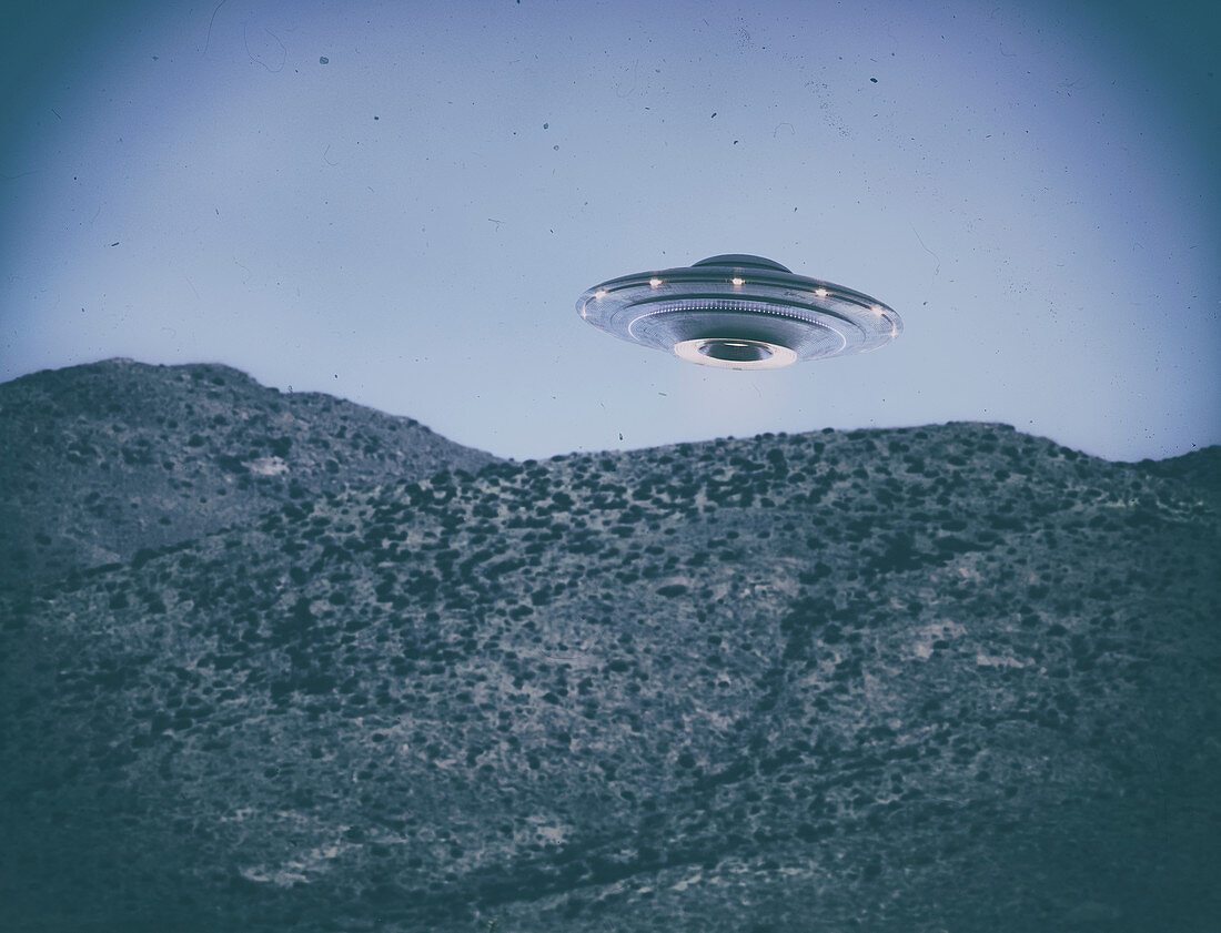 UFO over mountains, illustration