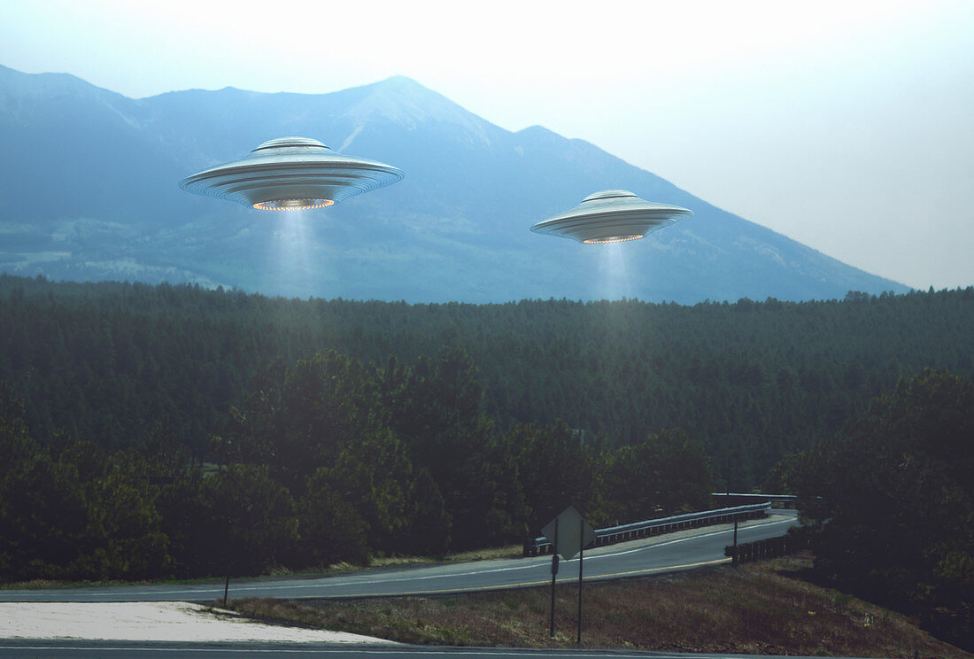 UFOs over road, illustration