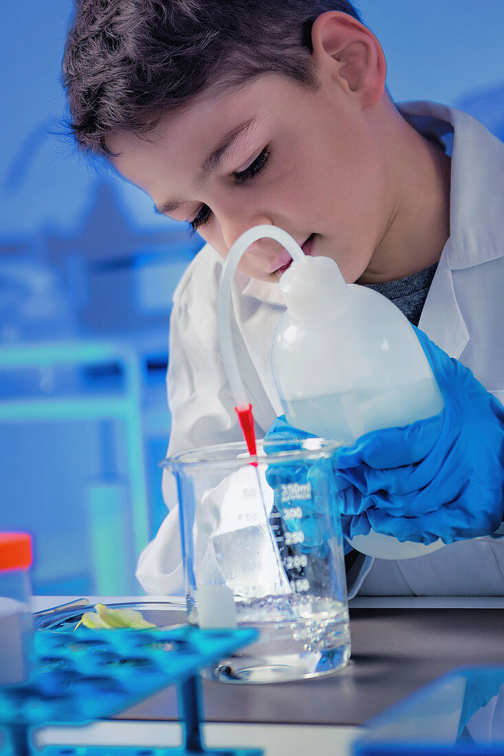 Schoolboy using lab equipment