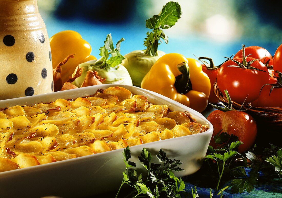 Potato gratin in the dish, decoration: fresh vegetables