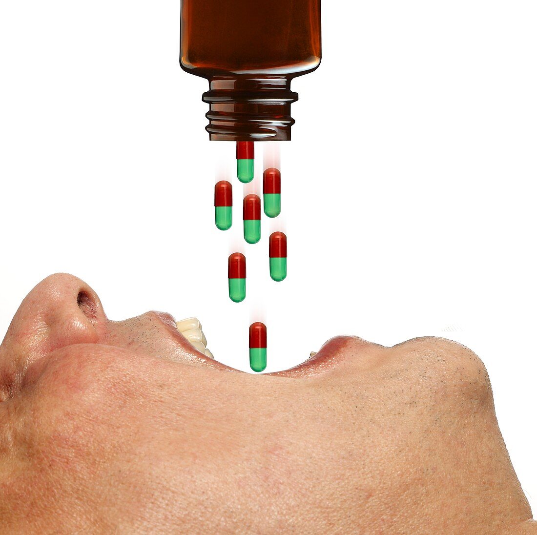 Person swallowing capsules, composite image
