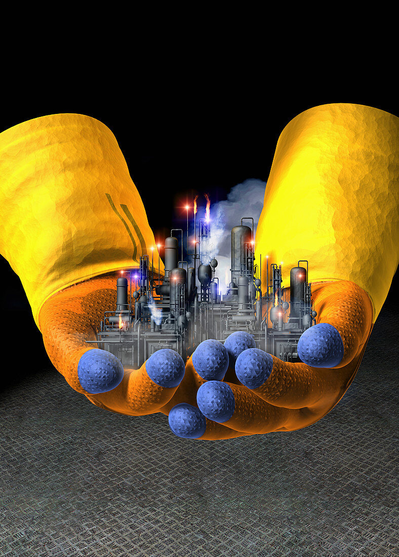 Gloved hands holding toxic factory, illustration