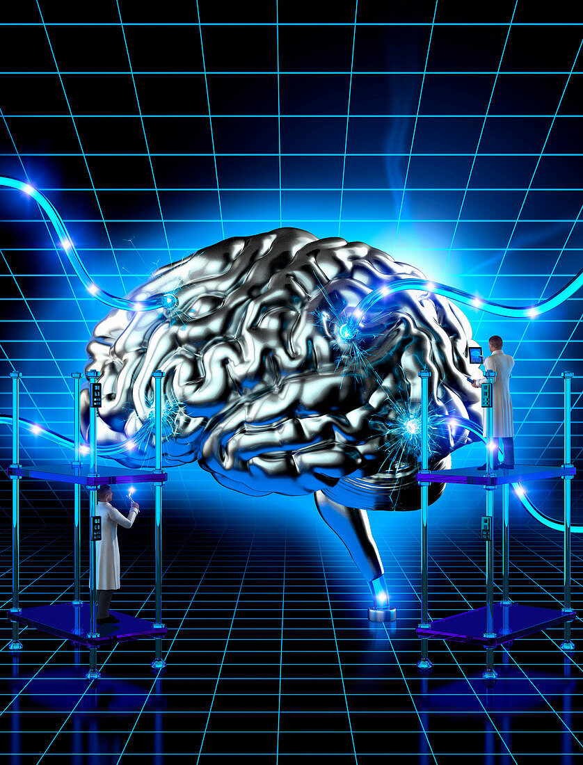 Scientists examining wired human brain, illustration