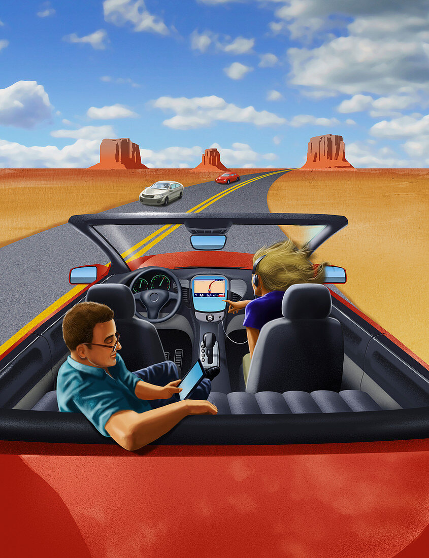 Passengers relaxing in driverless car, illustration