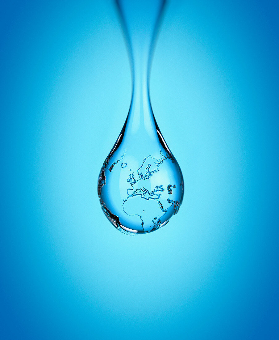World map in water droplet, illustration