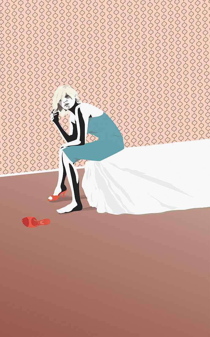 Drunk woman sitting on edge of bed, illustration