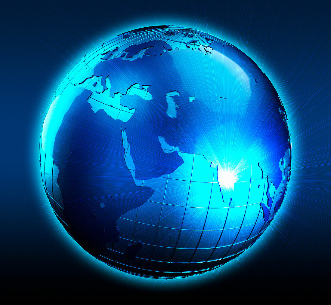 Blue globe with light beams shining from India, illustration