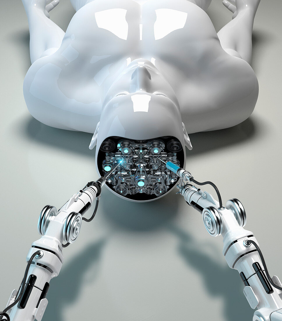 Robotic arm repairing brain of male android, illustration
