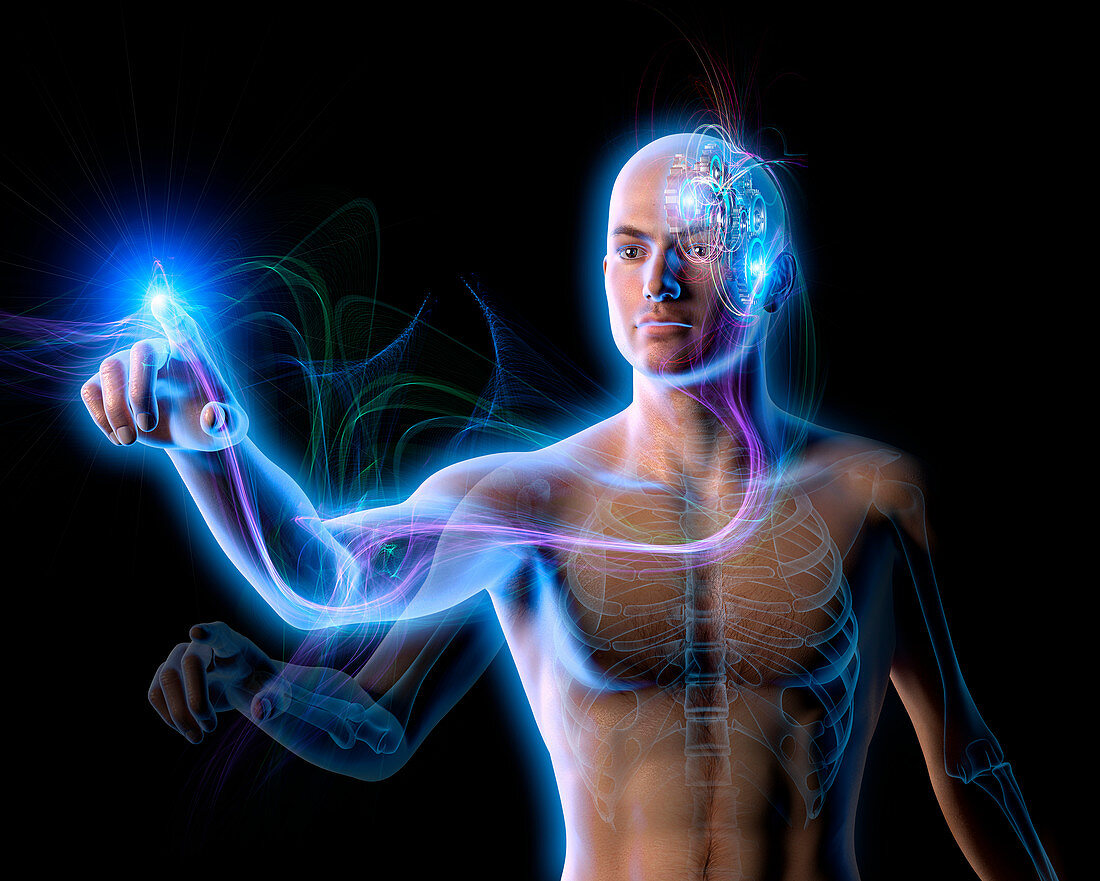 Energy flowing from cogs in man's brain, illustration