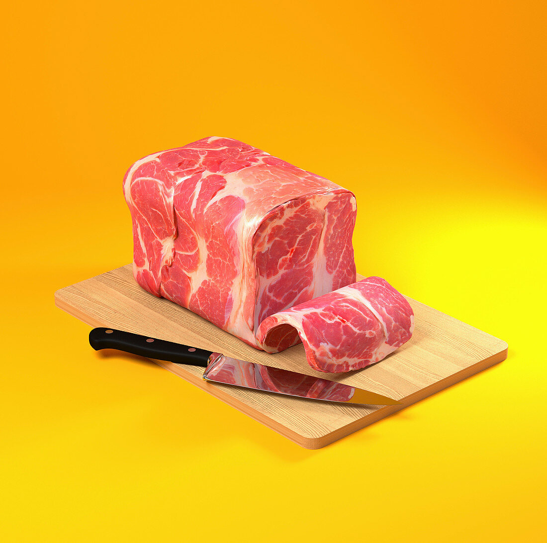 Raw meat loaf on chopping board, illustration