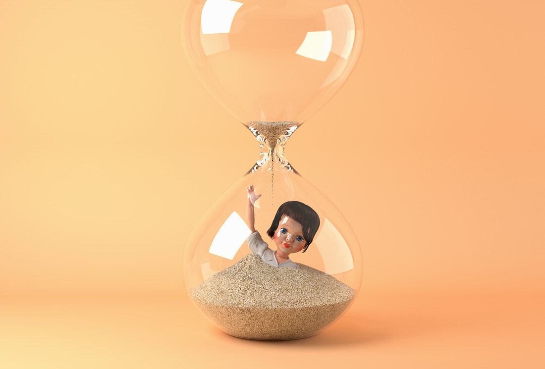 Businesswoman doll drowning in hourglass, illustration