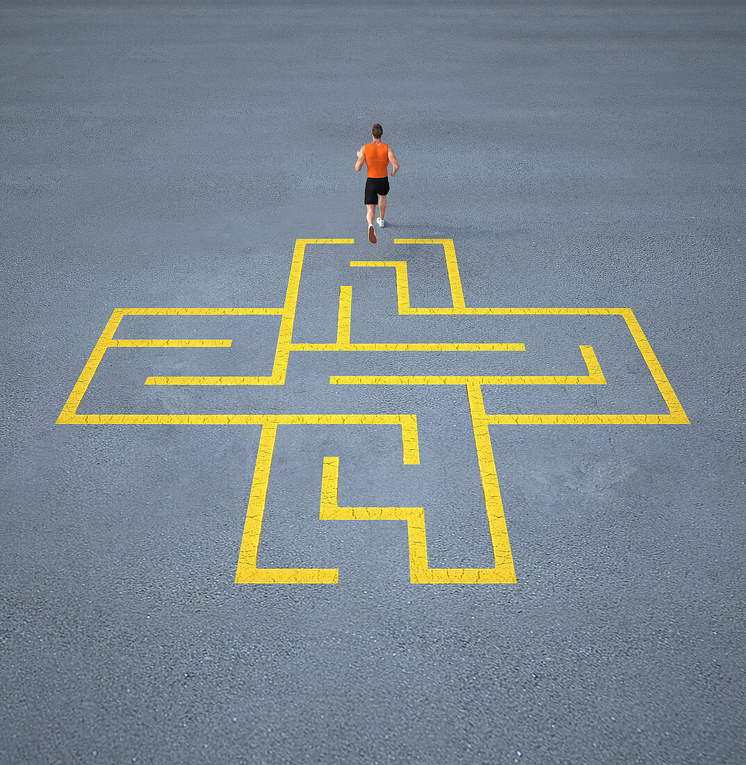 Athlete running out of maze, illustration