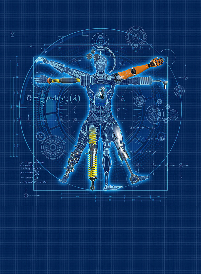 Blueprint for robotic Vitruvian Man, illustration