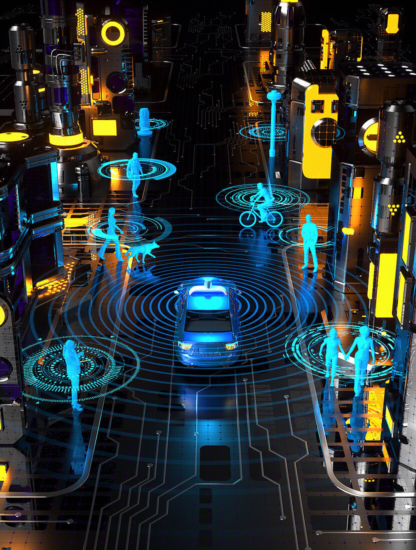 Driverless car in futuristic city street, illustration