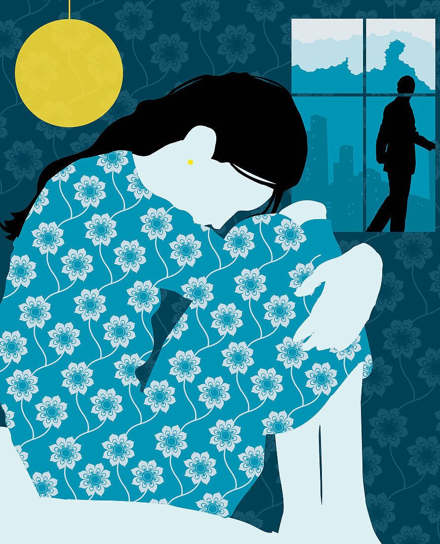 Woman hugging knees on bed, illustration