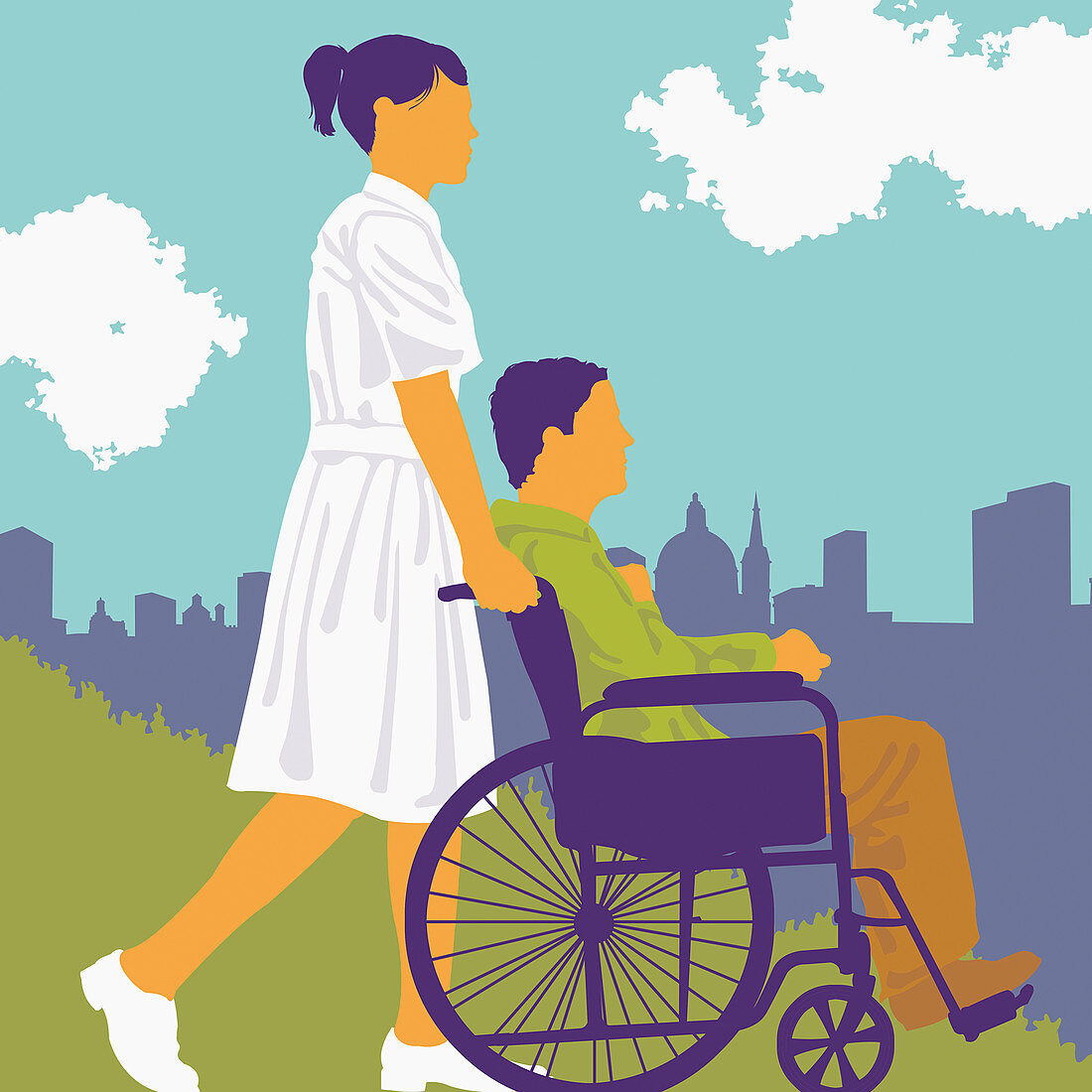 Nurse pushing patient in city park, illustration