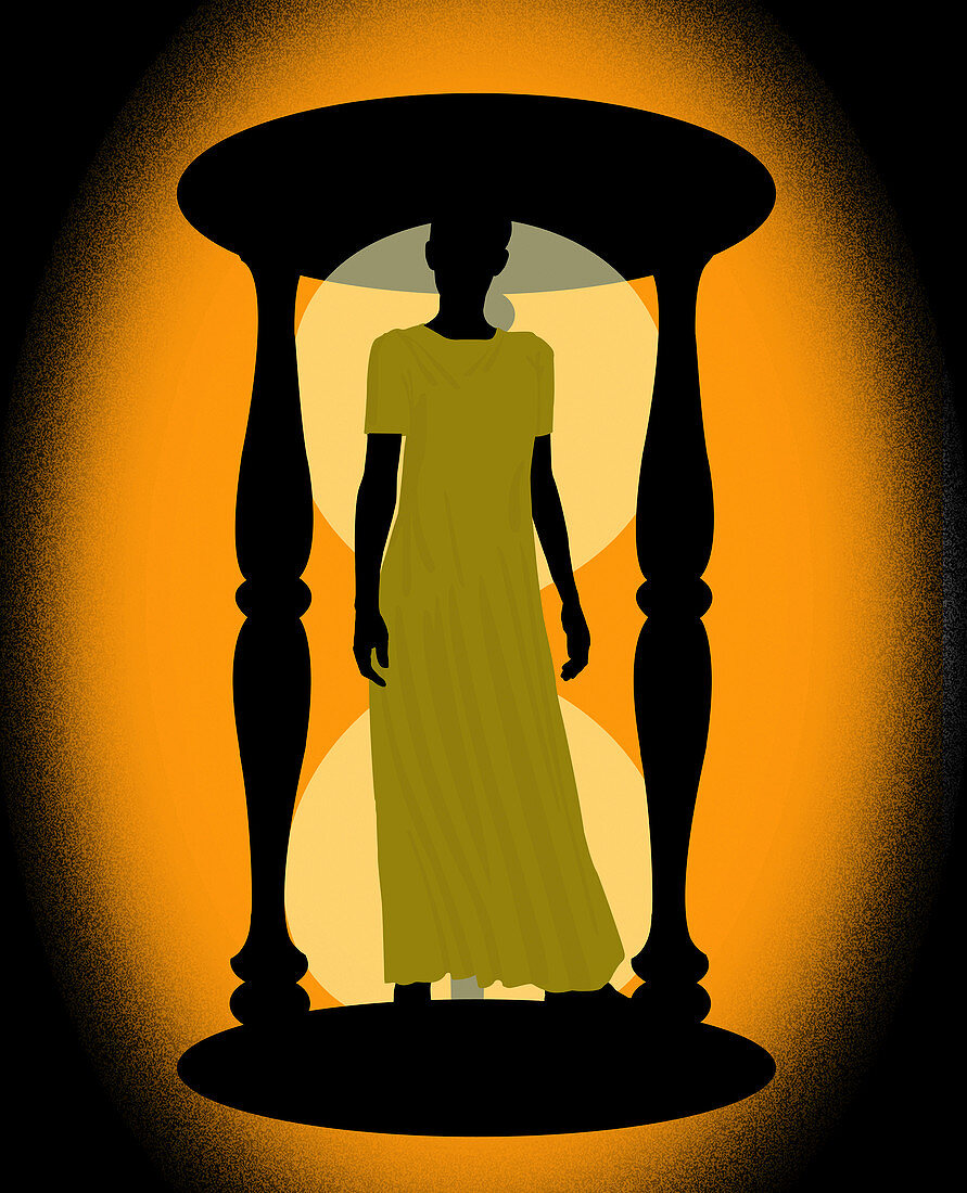 Woman standing inside hourglass, illustration