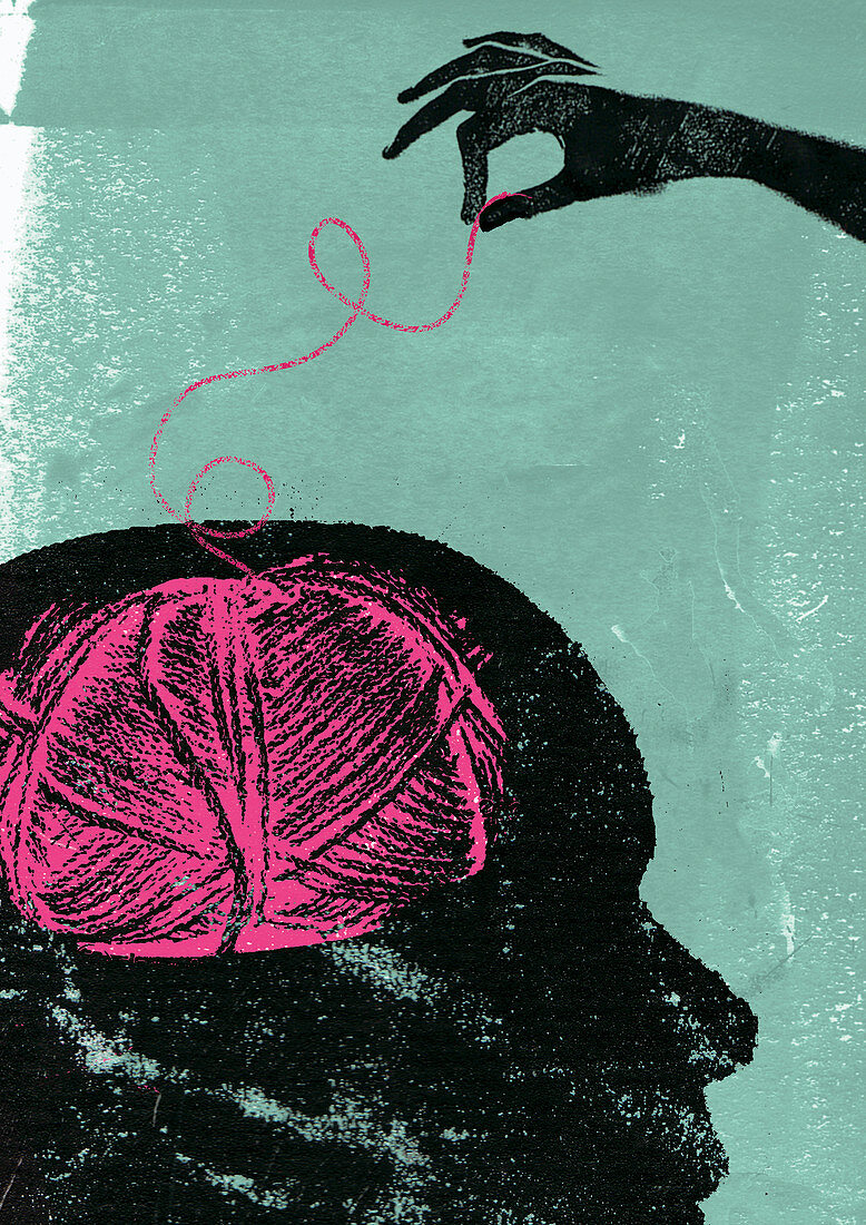 Hand unravelling ball of wool inside of head, illustration