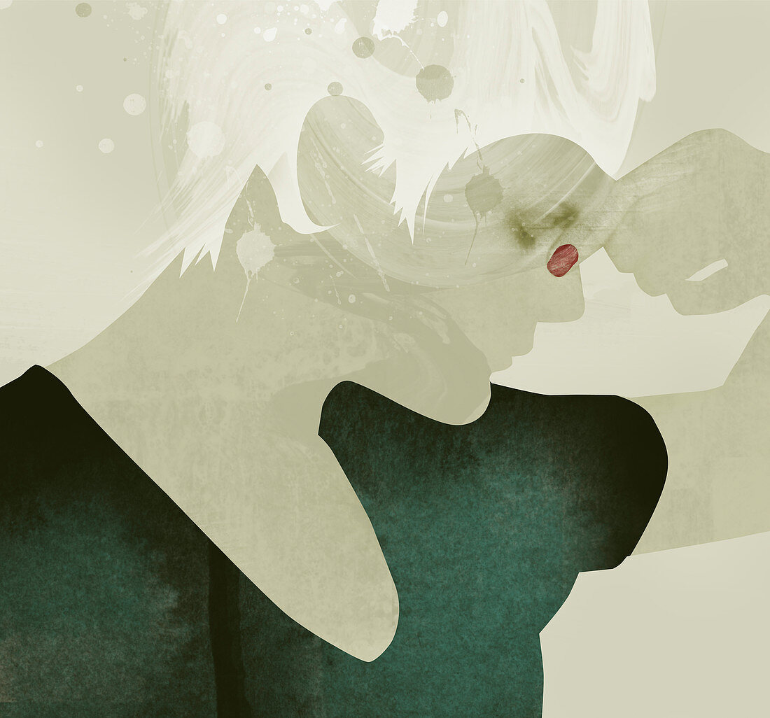 Woman with eyes closed pinching nose, illustration