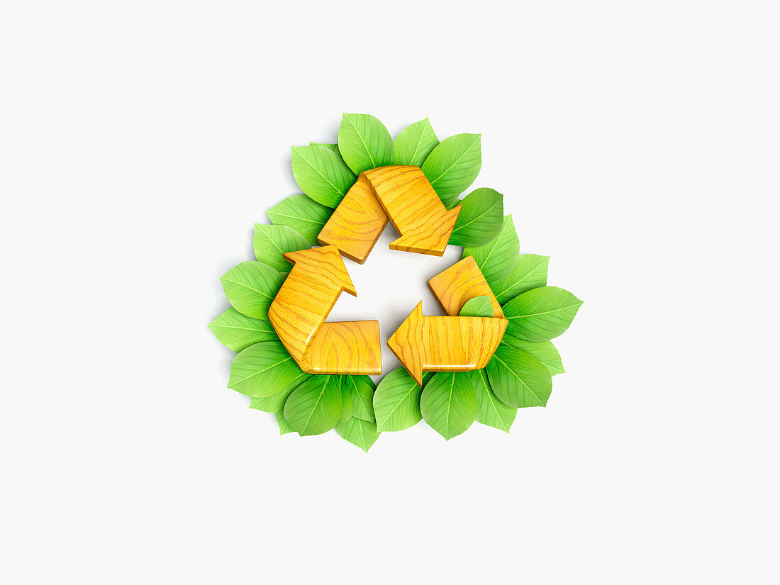 Recycling symbol surrounded by leaves, illustration