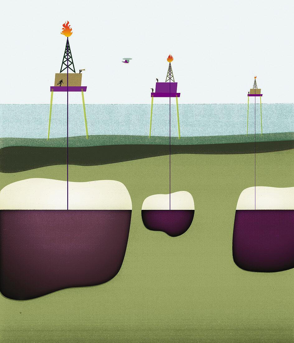 Oil wells drilling through ocean, illustration