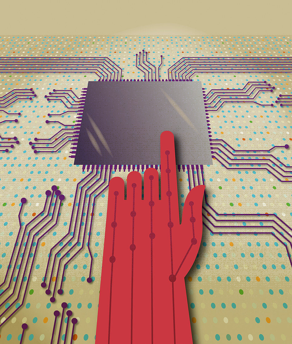 Finger pressing touch screen, illustration