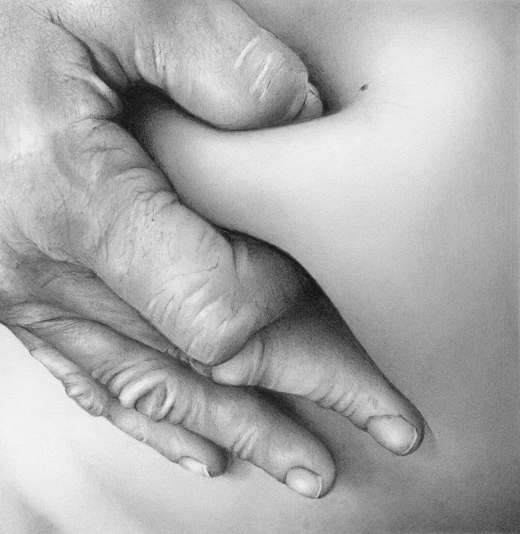 Close up of hand squeezing flesh, illustration