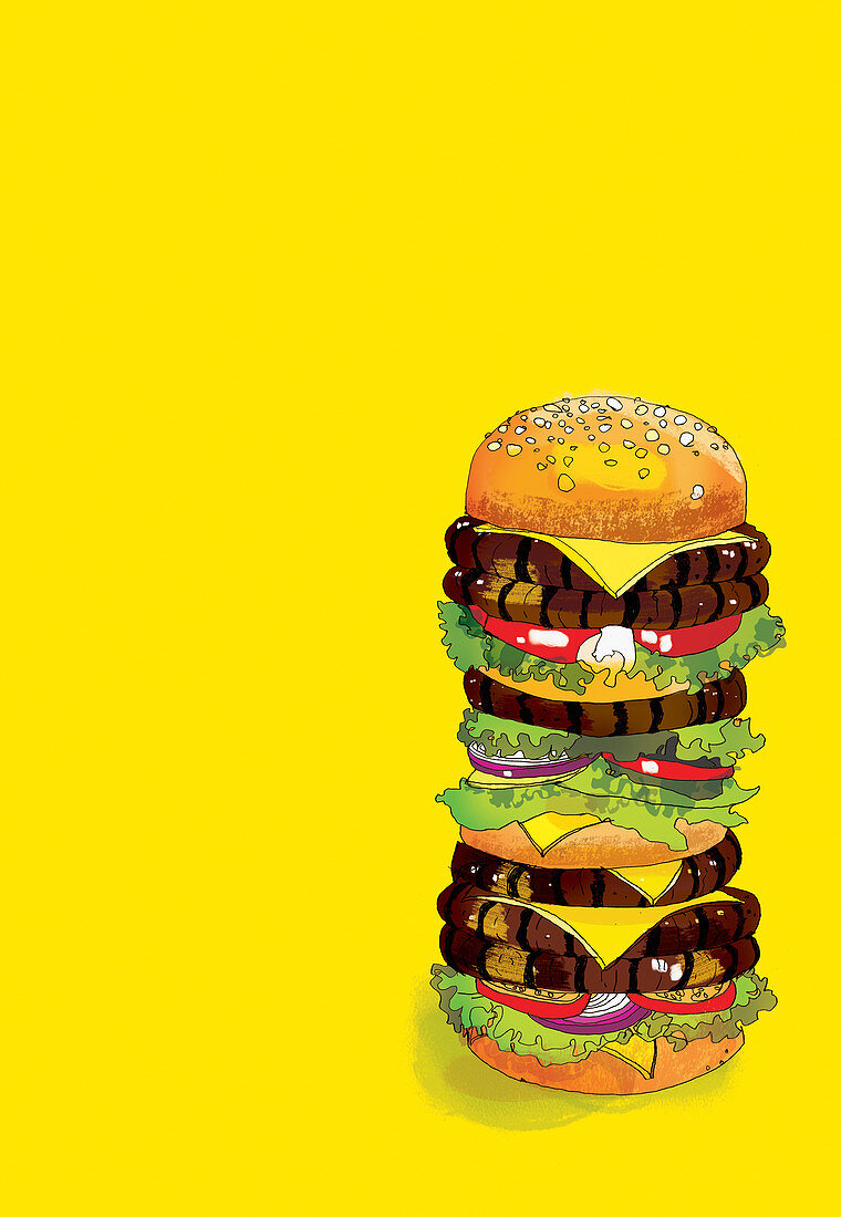 Large, many-layered hamburger, illustration