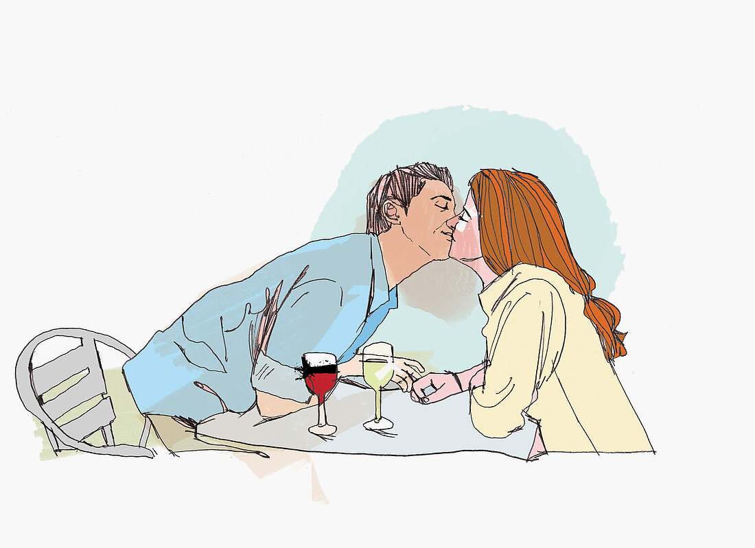 Couple drinking wine and kissing, illustration