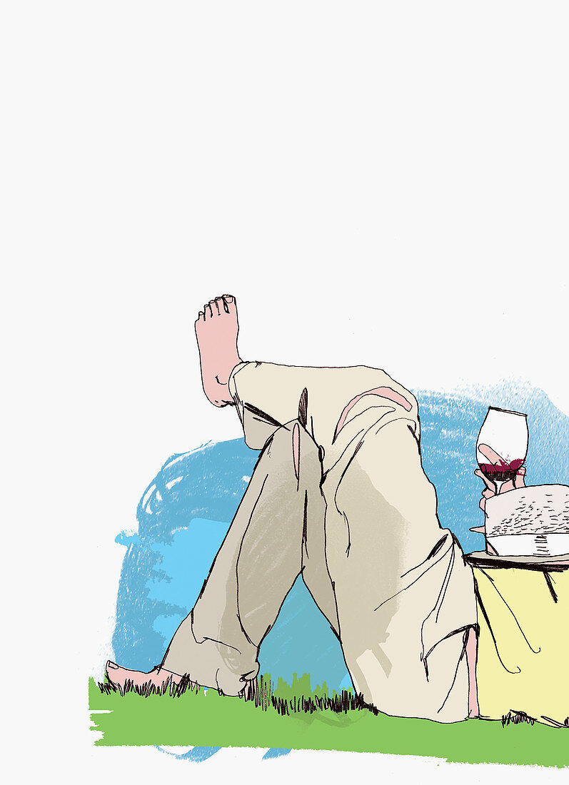 Person laying in grass drinking red wine, illustration