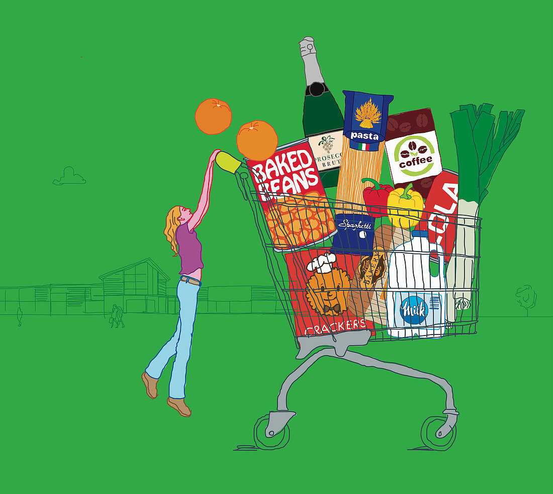 Woman struggling to push huge shopping trolley, illustration