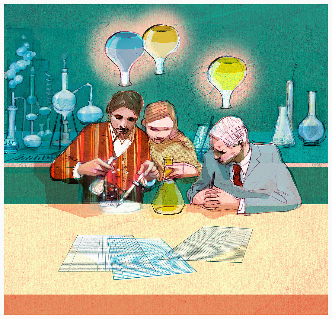 Scientists working on experiments, illustration