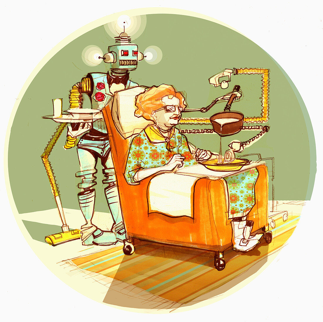 Robot serving old woman soup, illustration