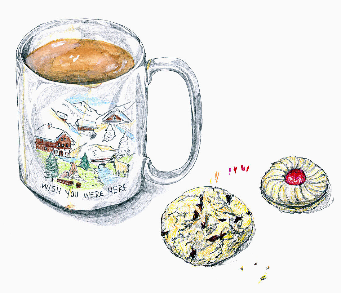 Coffee mug and cookie, illustration