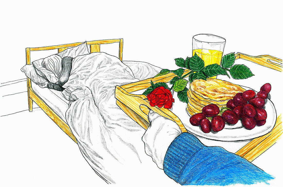 Man bringing tray with breakfast, illustration