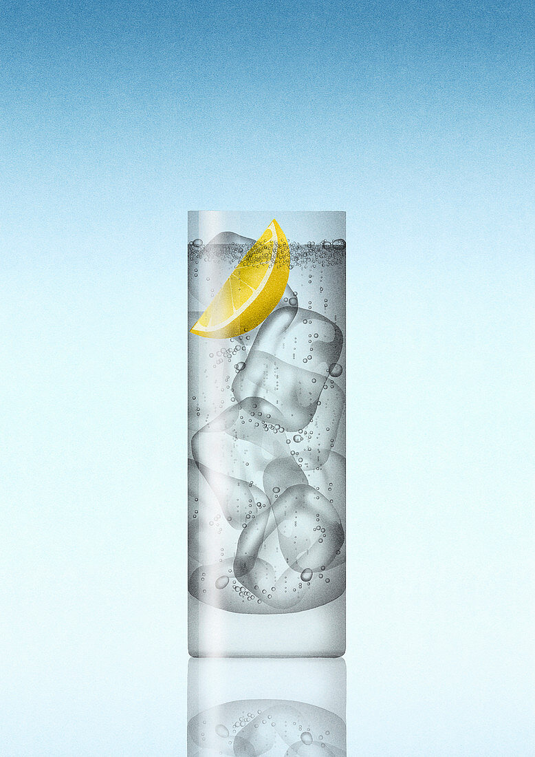 Glass of gin and tonic with slice of lemon, illustration