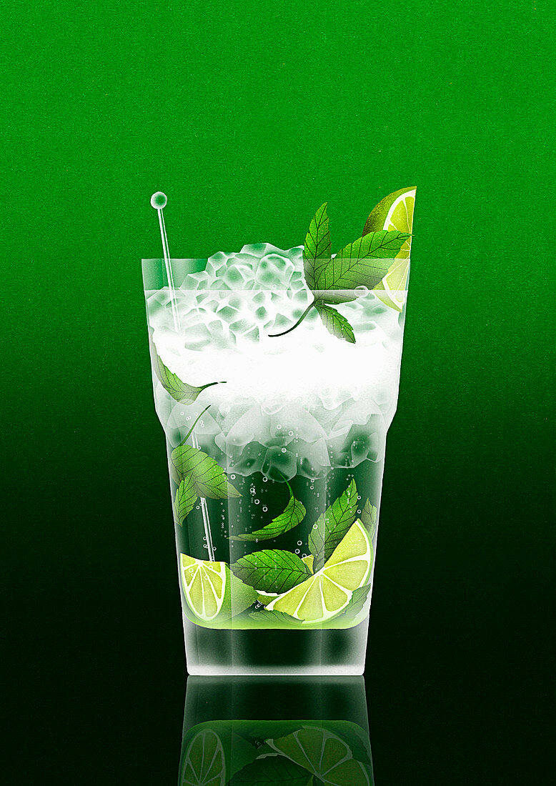 Cold cocktail with lime and mint, illustration