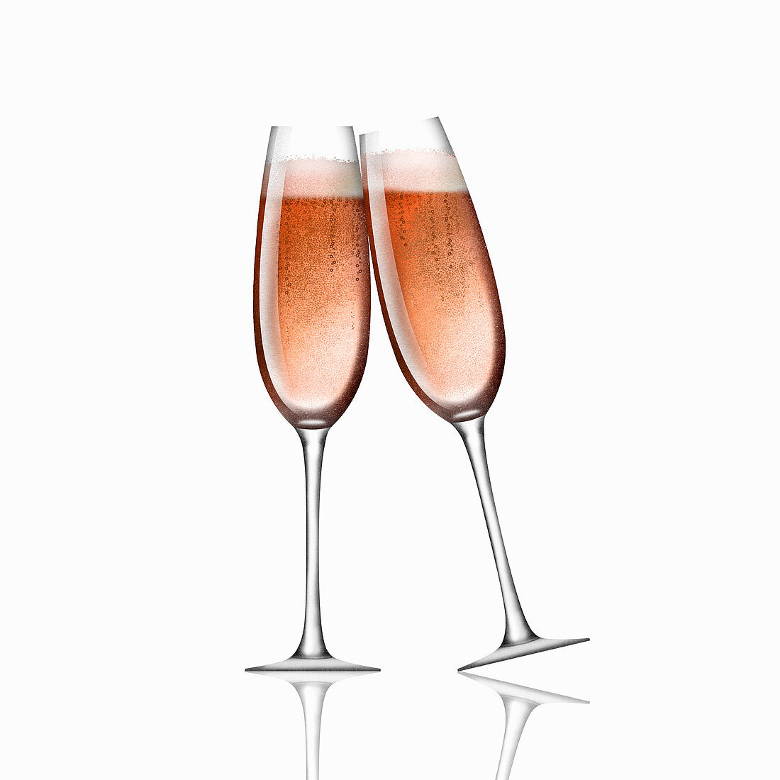 Two pink champagne in flutes toasting, illustration