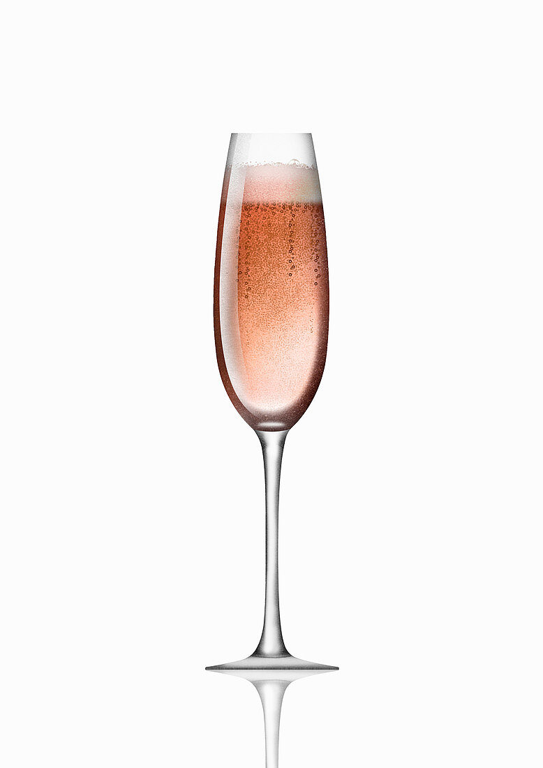 Single pink champagne in flute, illustration