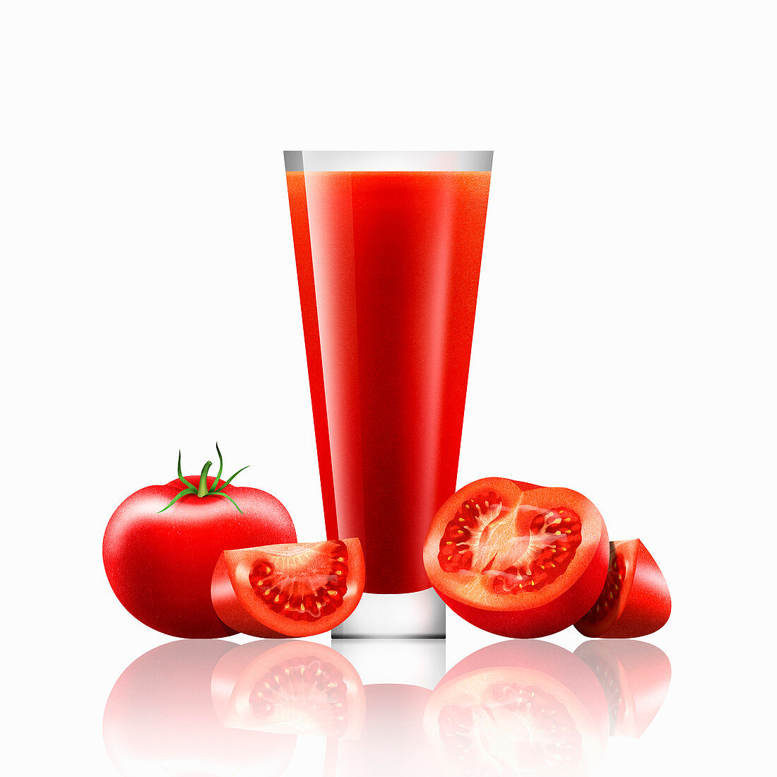 Fresh tomatoes and glass of tomato juice, illustration